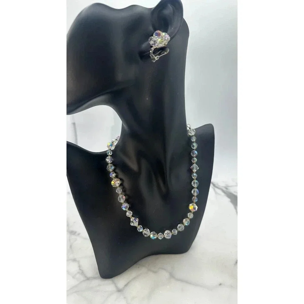 Vintage Crystal Aurora Borealis Necklace  Matching Clip On Earrings Set …